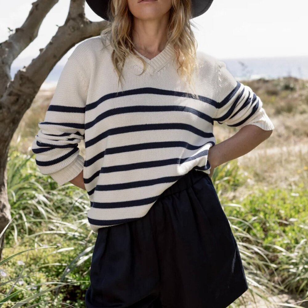 Jenni Kayne Kate Cotton V Neck Stripe Sweater XL